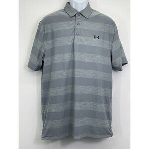 Under Armour Mens Loose Fit Polo Shirt Size L Grey Striped HeatGear Performance